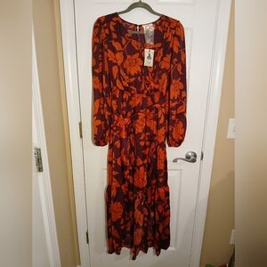 Easel Floral Maxi Long Sleeve Dress in Red & Purple